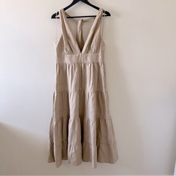 House Of Harlow 1960 Tan Linen Blend Tiered Plunge V Neck Midi Dress Size Medium - Picture 3 of 11
